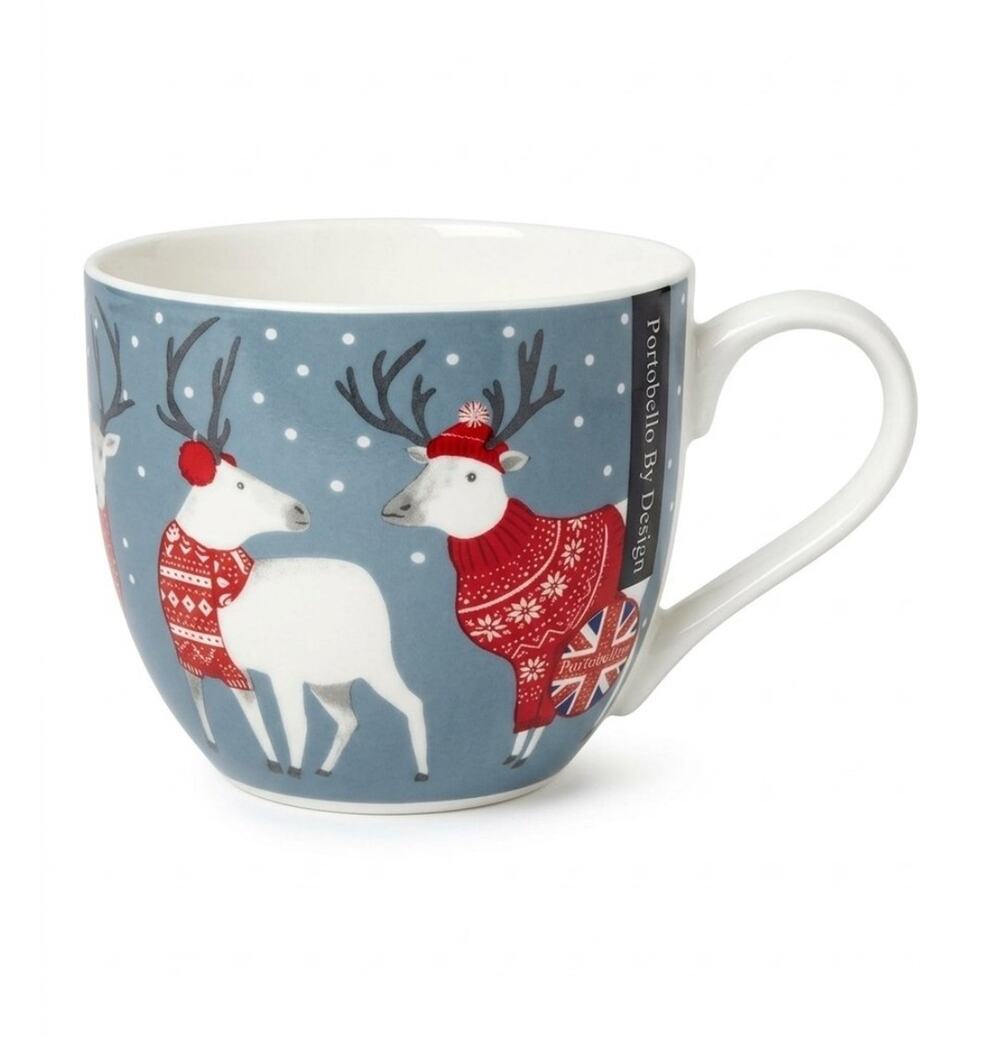 Portobello By Design Reindeer Sweater Scarf Ear Muffs Snow 20 oz Mug Blue